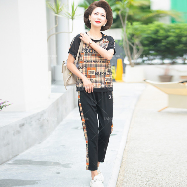 11864056.妈妈夏装运动休闲套装中老年人短袖T恤中年女装大码两件套
