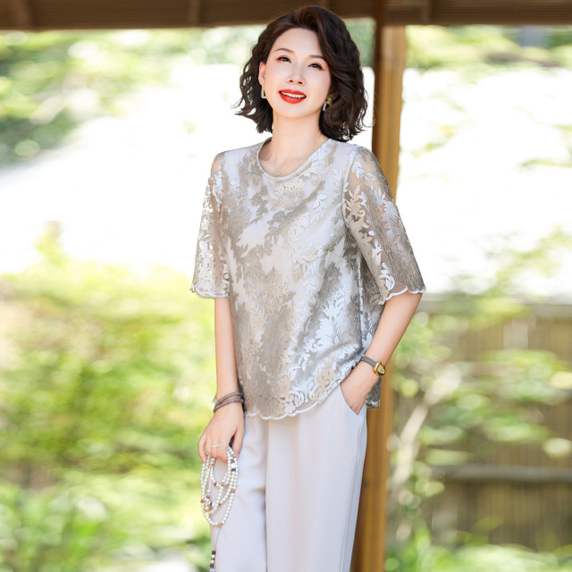 12200044.中年妈妈洋气套装短袖T恤上衣中老年女装时尚两件套