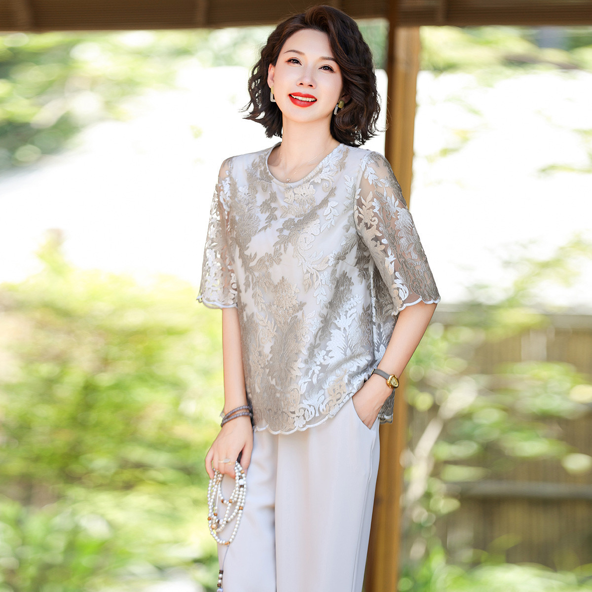 12200044.中年妈妈洋气套装短袖T恤上衣中老年女装时尚两件套