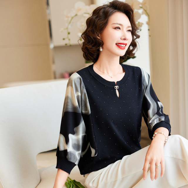 13727163.【热卖好货】中年女式时尚气质T恤中老年妈妈七分袖圆领上衣夏装