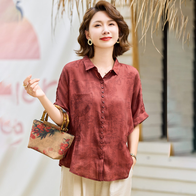 12315549.中老年妈妈夏季薄款衬衫时尚短袖翻领上衣中年女式休闲百搭夏装