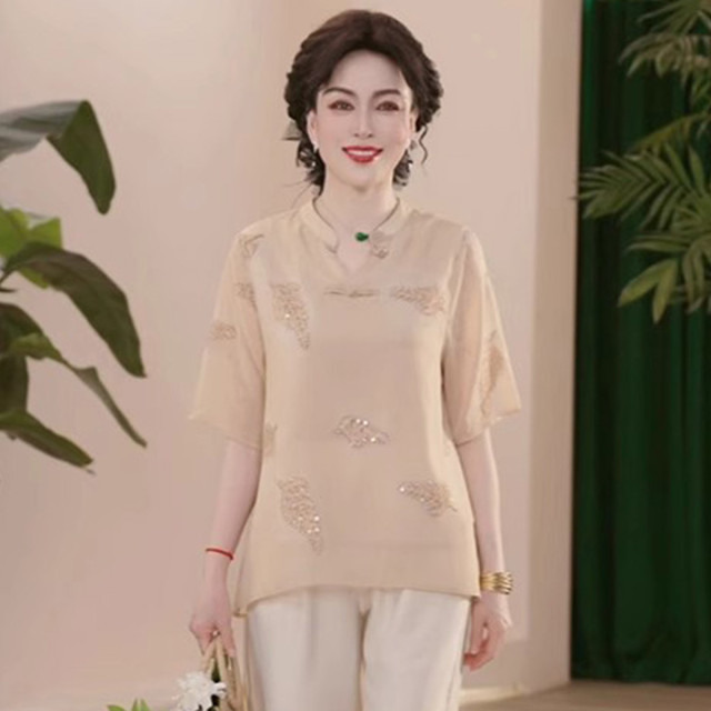 12332518.妈妈装夏季新款国风上衣洋气t恤衬衫中老年女装宽松小衫