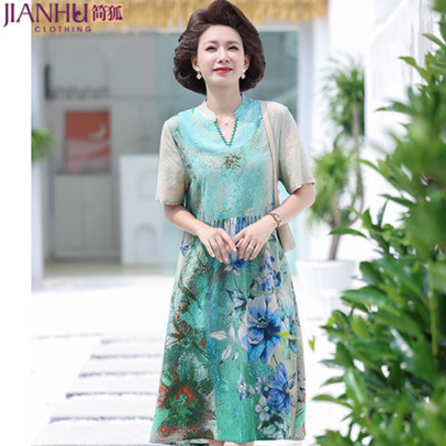 12198483.年轻妈妈夏装连衣裙中年时尚洋气高贵裙子中老年高端气质宽松长裙