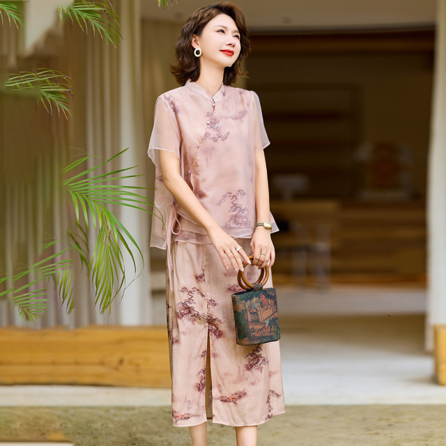 13445515.中年女式时尚国风上衣+半身裙两件套中老年妈妈夏季薄款套装