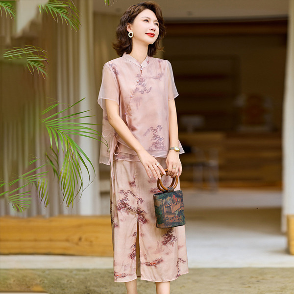13445515.中年女式时尚国风上衣+半身裙两件套中老年妈妈夏季薄款套装