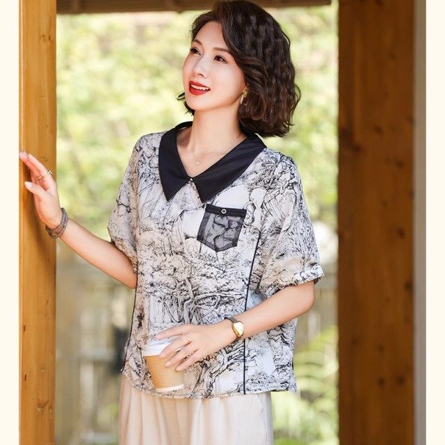 12314980.中年夏季休闲女中老年宽松洋气妈妈装夏装短袖T恤上衣
