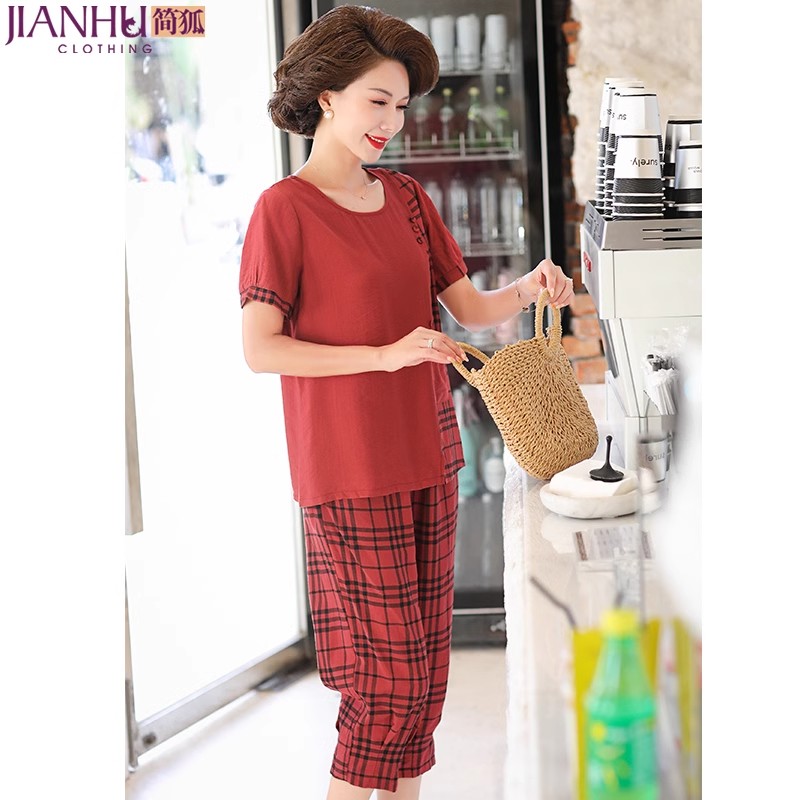 11863309.年轻妈妈夏装短袖T恤中年女洋气拼接口袋上衣40岁中老年格子套装