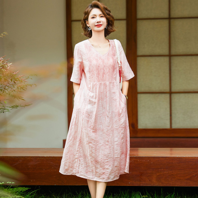 11867320.中年女式夏季薄款连衣裙时尚短袖V领长裙中老年妈妈气质减龄裙子