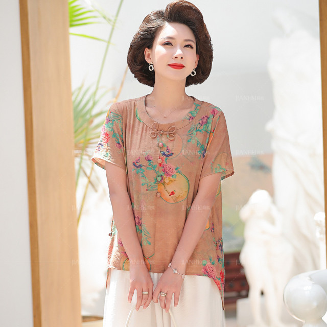 12198613.妈妈夏装薄款短袖印花小衫40岁50中老年女装T恤
