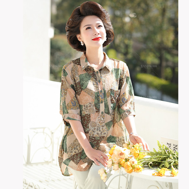 12280082.年轻妈妈夏装中长款T恤洋气中老年女装七分袖衬衫薄