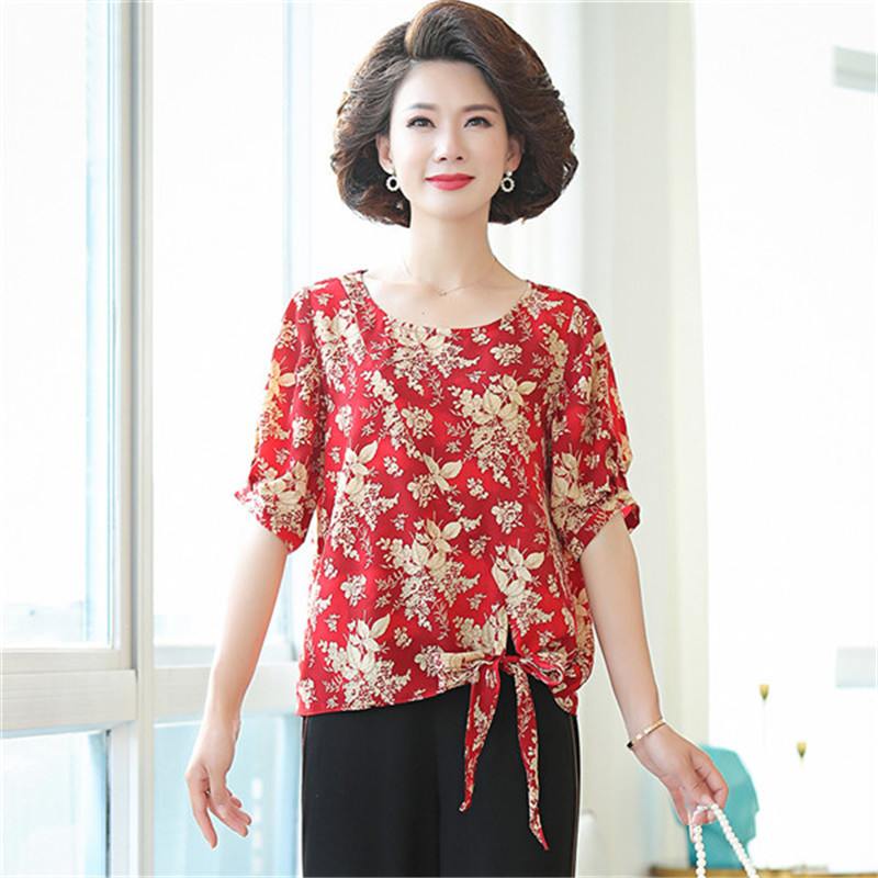 13699696.妈妈夏装洋气红色喜宴短袖T恤中年妇女夏天宽松