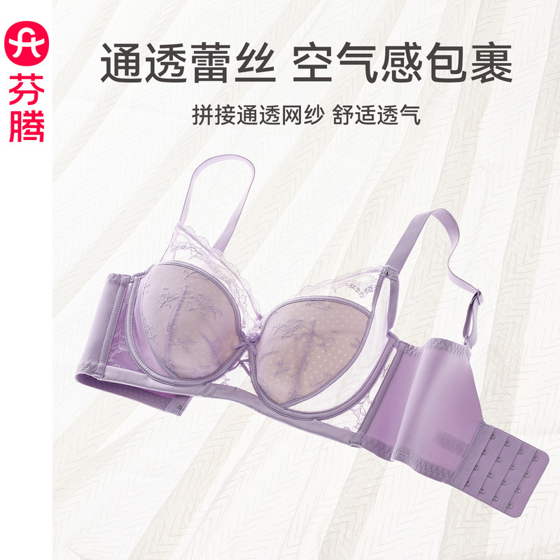 12786206.芬腾【大胸显小记忆钢圈】女士内衣上托防下垂文胸性感蕾丝收副乳胸罩