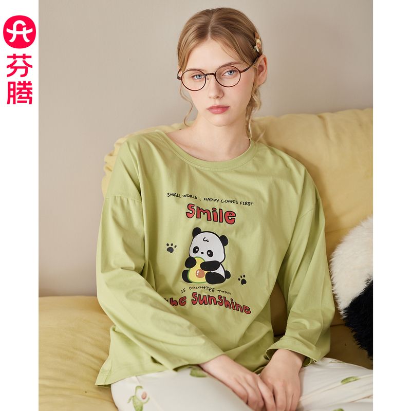 12896451.芬腾【可爱熊猫 纯棉长袖】女士睡衣春秋季新款套装女款卡通休闲家居服