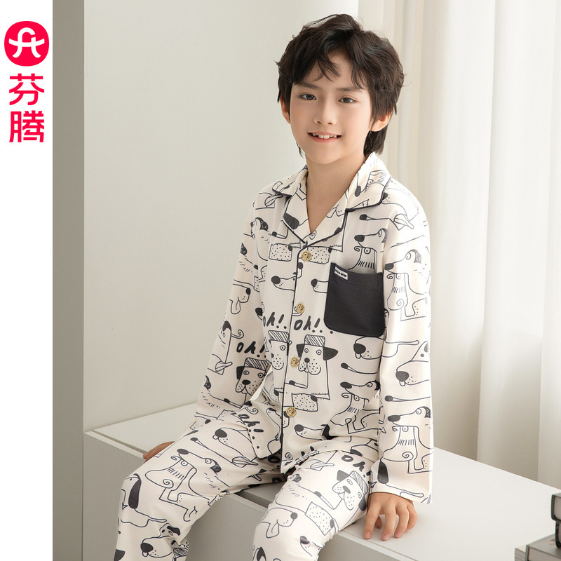 13087137.芬腾男童睡衣春秋纯棉开衫长袖套装卡通男孩儿童中大童休闲家居服