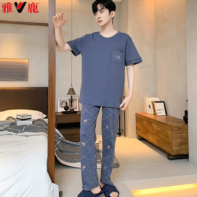11795397.雅鹿男士100%纯棉圆领套头家居服套装春夏短袖长裤睡衣大码休闲柔软亲肤透气舒适薄款2026新款全棉面料男款居家外出两穿
