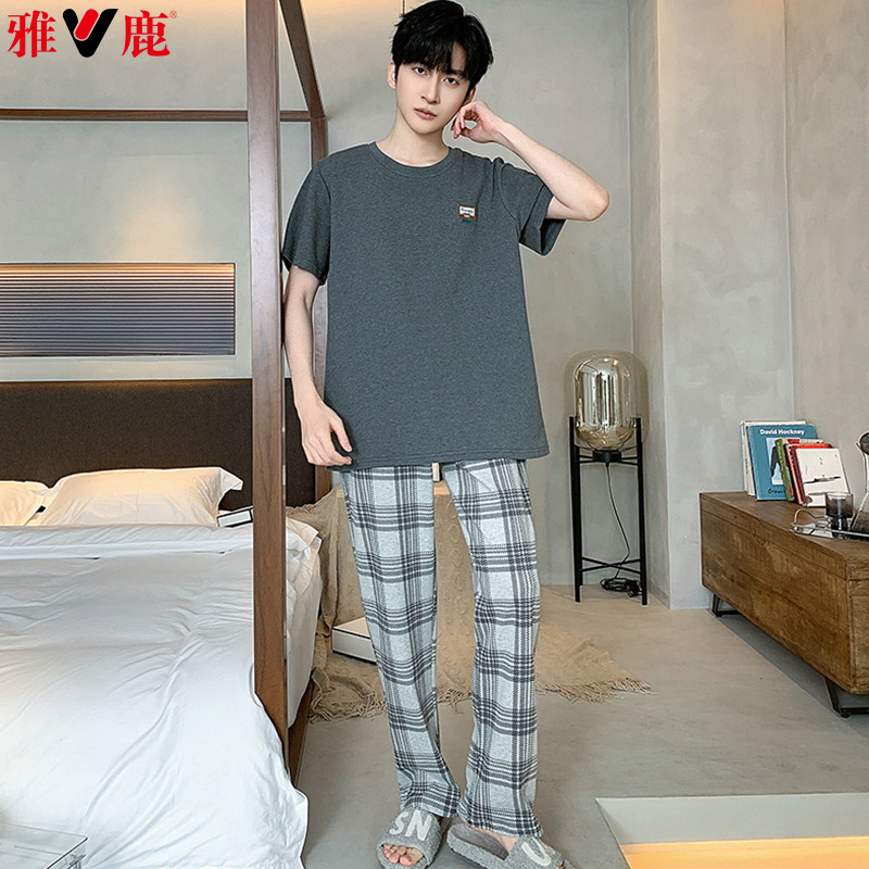 11795404.雅鹿男士大码100%纯棉家居服套装圆领套头春夏短袖长裤睡衣休闲柔软亲肤透气舒适薄款2026新款男款全棉面料居家外出两穿