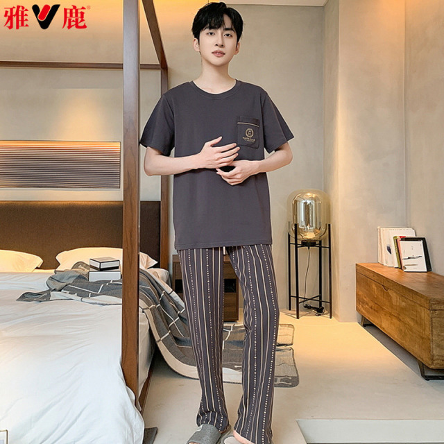 11795405.雅鹿圆领纯棉睡衣男士100%棉春夏短袖长裤休闲男款大码家居服套装