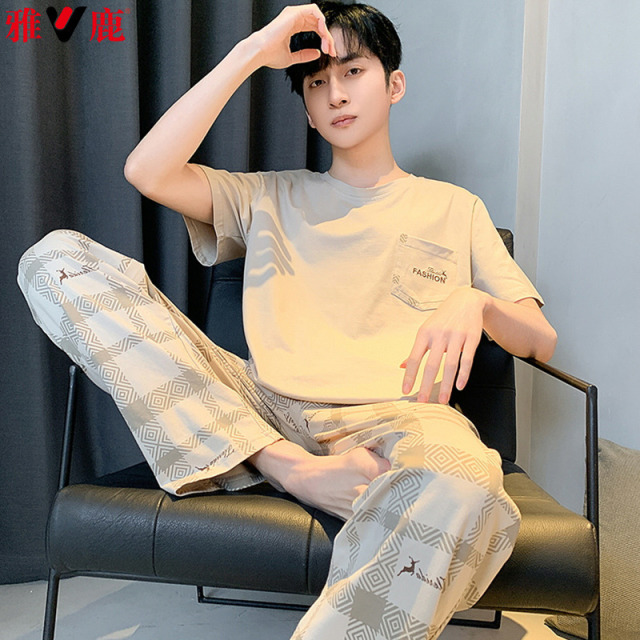 11795396.雅鹿男款大码简约圆领纯棉家居服套装100%全棉春夏短袖长裤睡衣休闲柔软亲肤透气舒适薄款2026新款男款居家外出两穿