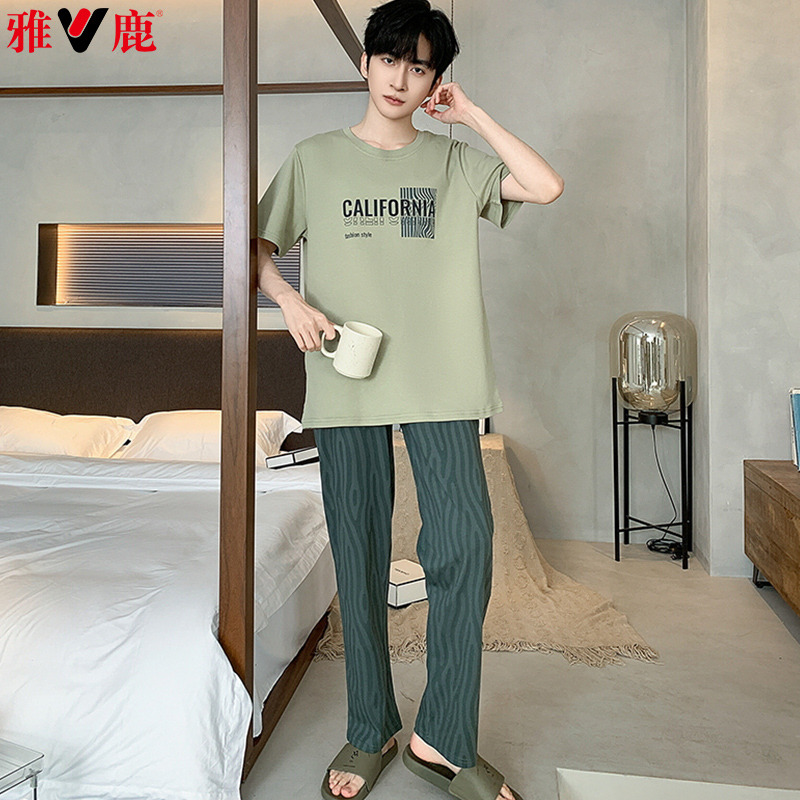 11795400.雅鹿男款100%全棉家居服套装春夏短袖长裤睡衣圆领休闲大码柔软亲肤透气舒适薄款2026新款纯棉面料居家外出两穿