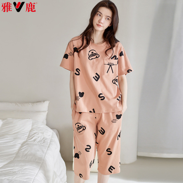 11853170.雅鹿100%棉睡衣女士春夏短袖七分裤女款休闲大码可外穿家居服套装
