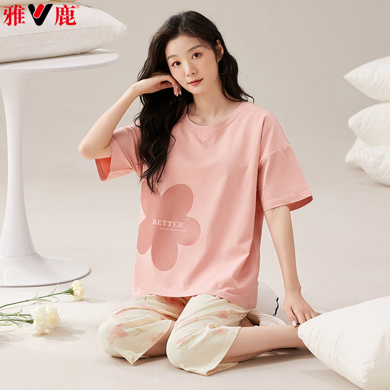 11850945.雅鹿大码可外穿女式家居服套装纯棉春夏睡衣短袖七分裤带胸垫防凸点休闲柔软亲肤透气舒适薄款全棉面料女款居家外出两穿