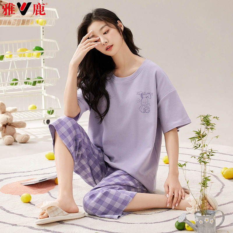11849156.雅鹿女款纯棉睡衣套装春夏短袖七分裤带胸垫防凸点大码可外穿家居服休闲柔软亲肤透气舒适薄款2026新款全棉面料居家外出两穿
