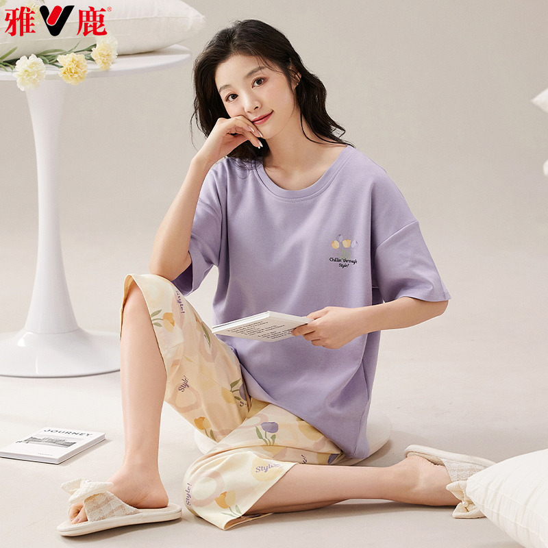 11849755.雅鹿女士春夏纯棉家居服套装带胸垫防凸点短袖七分裤睡衣大码可外穿休闲柔软亲肤透气舒适薄款2026新款全棉面料居家外出两穿