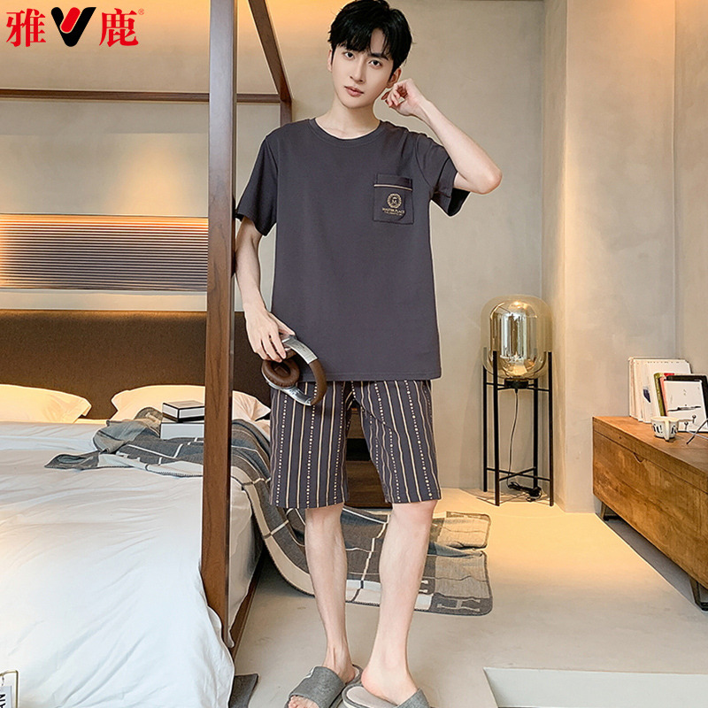 11853139.雅鹿男士纯棉睡衣春夏短袖短裤套装大码可外穿家居服休闲凉爽薄款舒适透气柔软亲肤2026新款