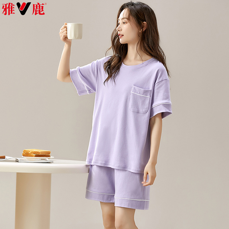 11853004.雅鹿女士纯棉家居服套装春夏款短袖短裤大码可外穿睡衣凉爽休闲柔软亲肤透气舒适薄款2026新款全棉面料女款居家外出两穿