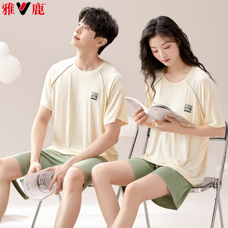 11853061.雅鹿莫代尔睡衣情侣春夏短袖短裤凉爽休闲大码新款可外穿家居服套装