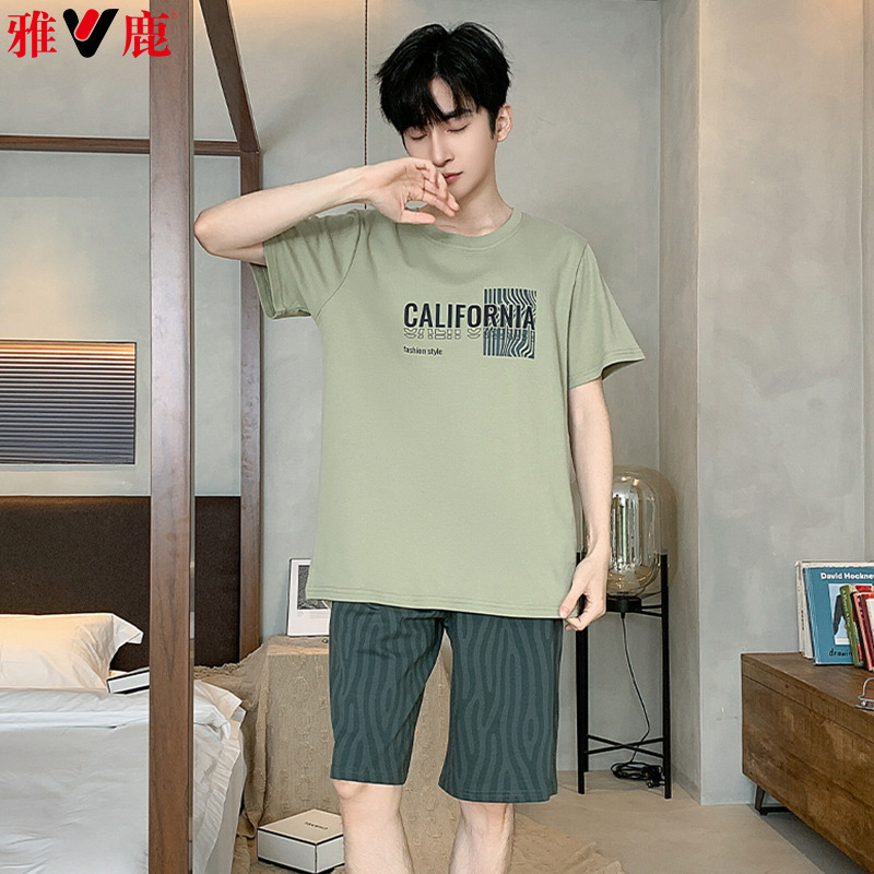 11853005.雅鹿男士纯棉睡衣套装春夏大码短袖短裤家居服可外穿休闲凉爽透气柔软亲肤舒适薄款新款2026全棉面料男款居家外出两穿