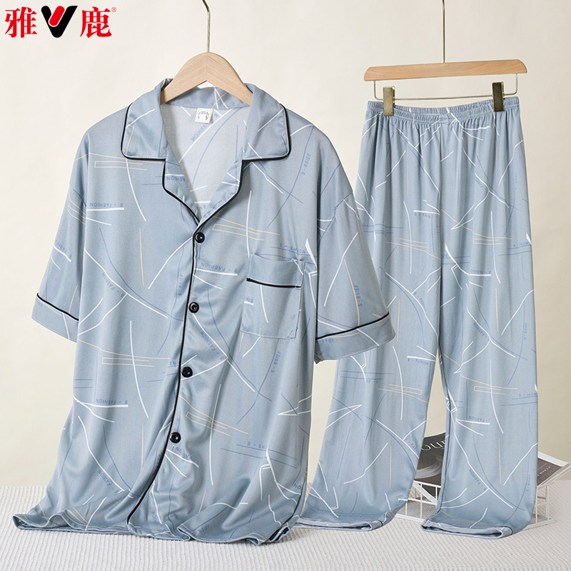 11852966.雅鹿男士睡衣套装薄款青年简约舒适翻领开衫大码短袖休闲可外穿长裤