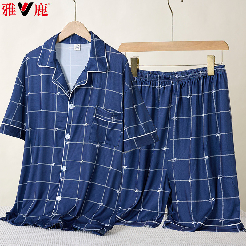 11852965.雅鹿男式睡衣套装薄款青年简约舒适翻领开衫大码短袖休闲可外穿短裤