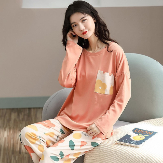 11785204.雅鹿女款加大码宽松家居服套装春夏薄款长袖长裤睡衣胖MM可外穿时尚休闲柔软亲肤透气舒适2026新款居家外出两穿