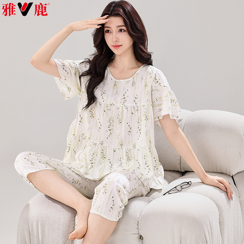 13143065.雅鹿女士夏季家居服套装大码宽松七分裤短袖圆领两件套2026新款可爱甜美可外穿透气薄款舒适柔软亲肤