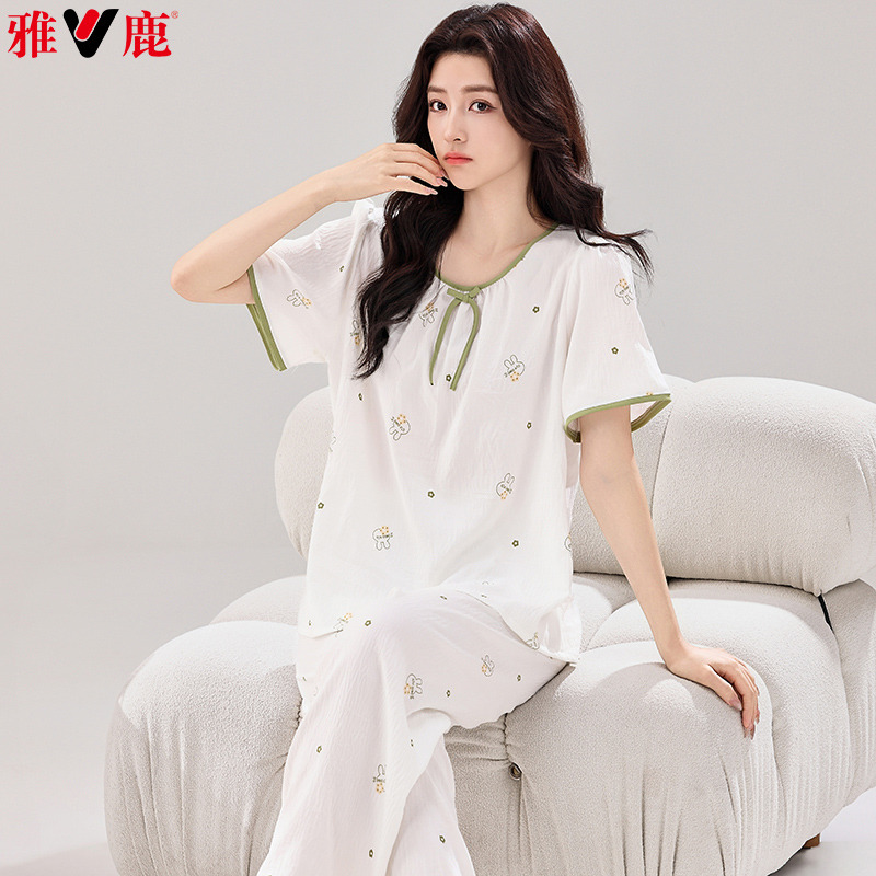 13143063.雅鹿少女睡衣套装夏季短袖长裤甜美可爱轻薄可外穿家居服女式2026新款透气舒适柔软亲肤两件套