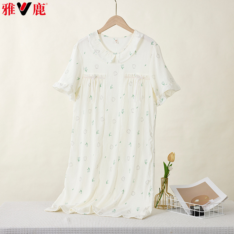 13143069.雅鹿睡裙女士夏季薄款泡泡棉短袖睡衣家居服甜美公主风可外穿短裙