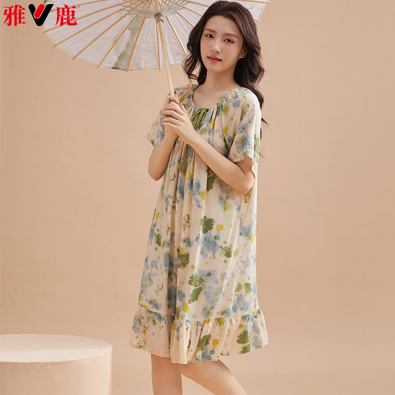 13143076.雅鹿女式家居服轻薄透气短袖圆领大码宽松睡衣少女可爱可外穿睡衣