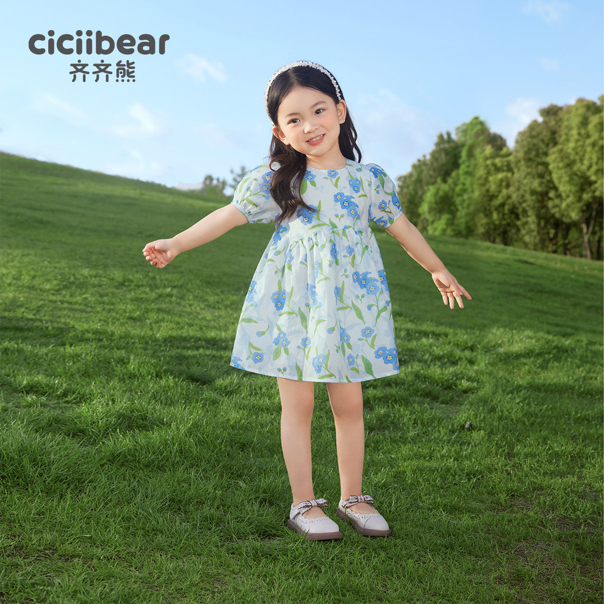 13437761.齐齐熊碎花连衣裙夏季女童泡泡袖裙子纯棉宝宝小清新印花公主裙子
