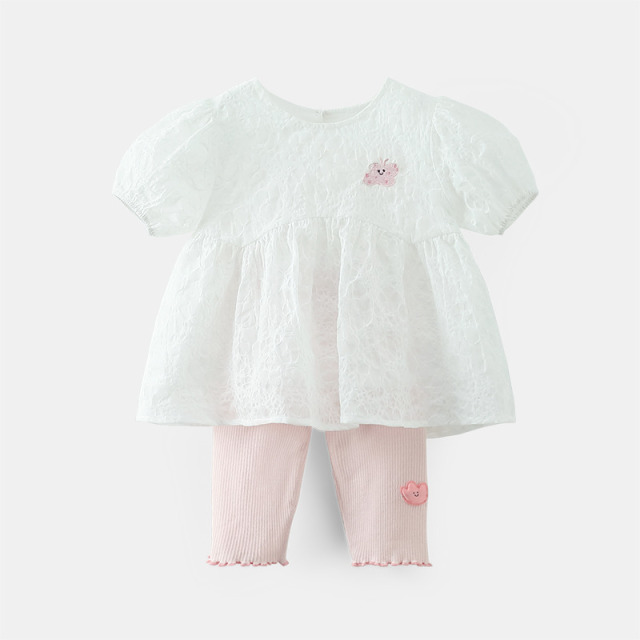13440305.齐齐熊女童短袖套装夏装女宝宝泡泡袖裙子上衣打底裤夏季休闲可爱