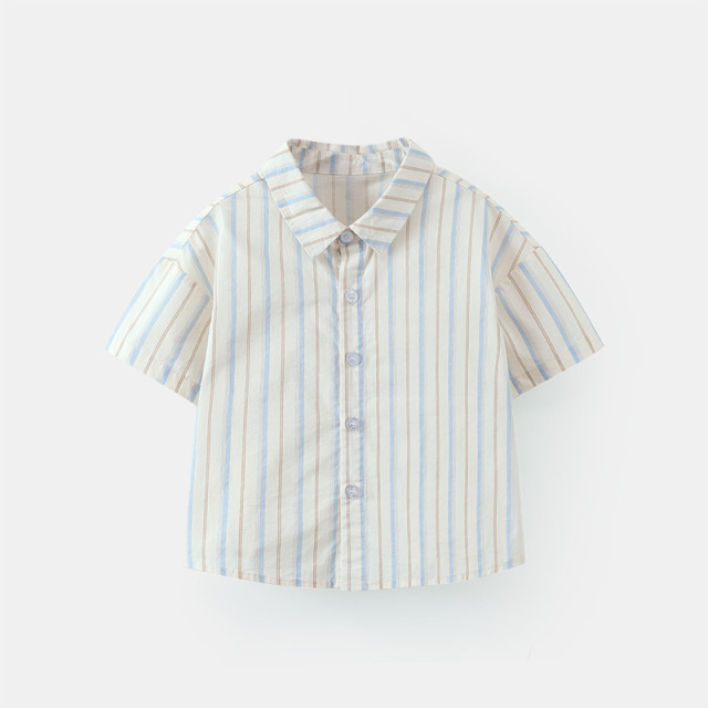 13542488.【高支纯棉色织】齐齐熊男童衬衫夏季宝宝短袖条纹衬衣儿童上衣女