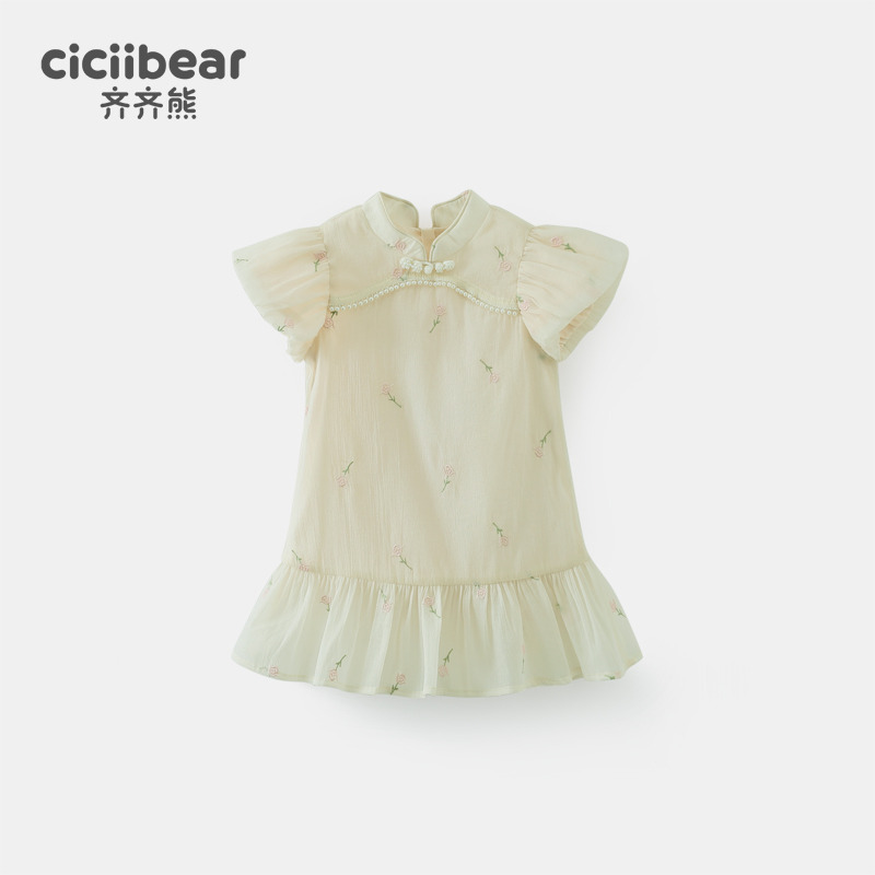 13542789.齐齐熊女童新中式旗袍裙子连衣裙夏装儿童国风周岁女宝礼服公主裙