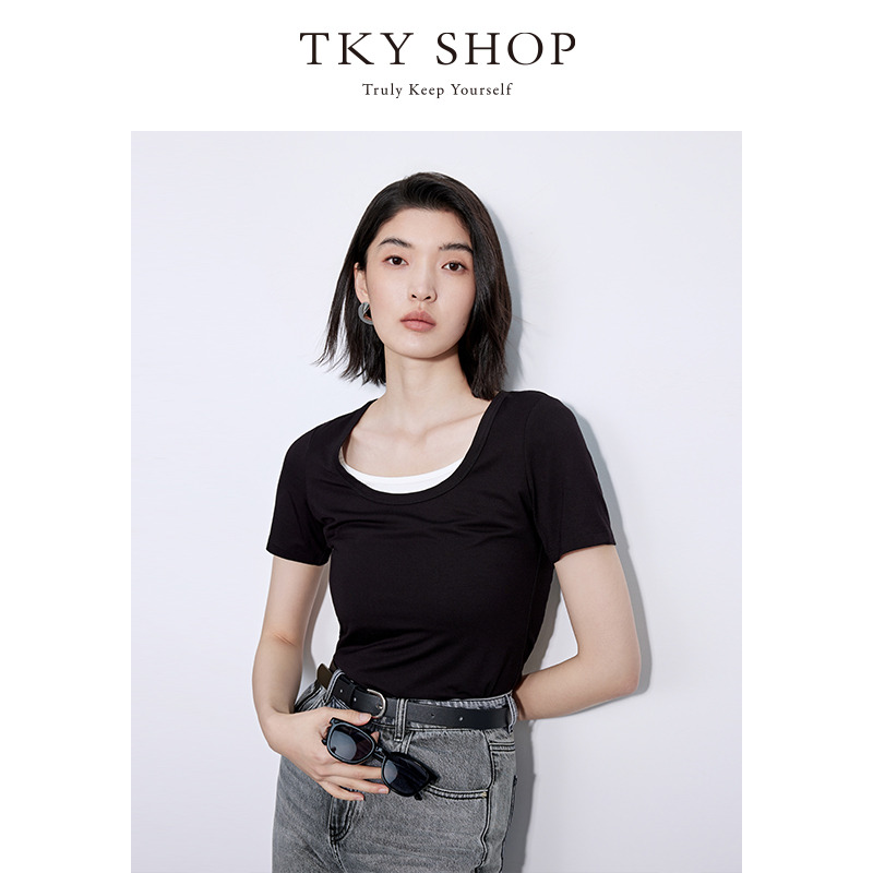 12173278.TKY SHOP假两件短袖T恤女2025夏新品黑色短款休闲上衣