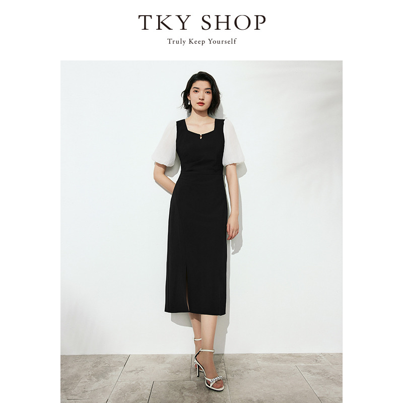 12296045.TKY SHOP方领拼接泡泡袖连衣裙25夏季新款优雅气质简约通勤长裙女