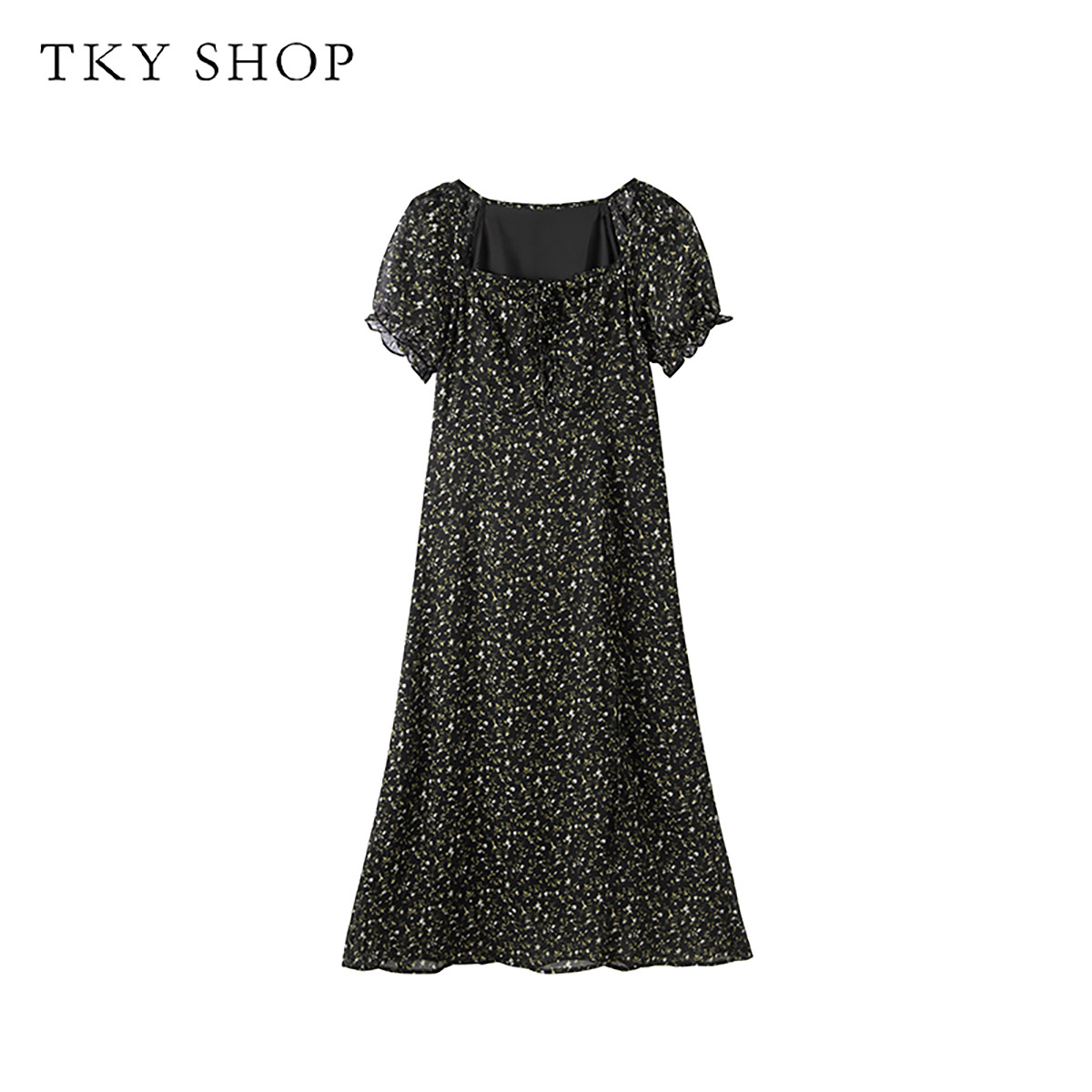 12296170.TKY SHOP方领泡泡袖碎花连衣裙2025夏季新款温柔印花中长裙