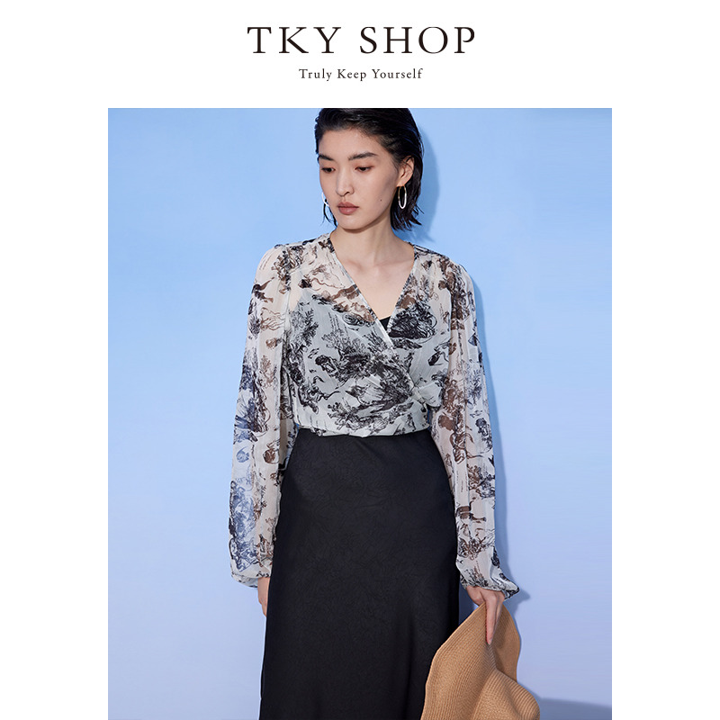 12427995.短款系带衬衫女春夏款品水墨印花薄上衣设计感高级衬衣