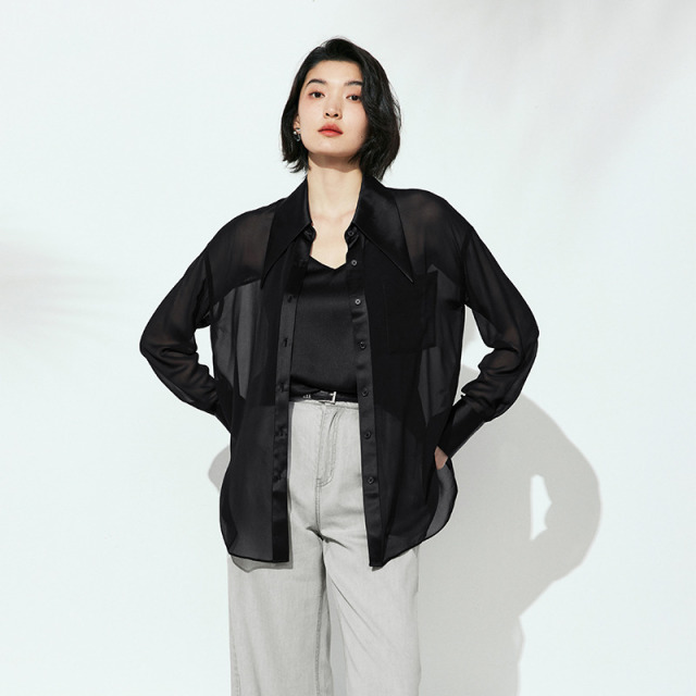 12428545.【100%桑蚕丝】真丝长袖衬衫女春夏款简约通勤高级薄外套