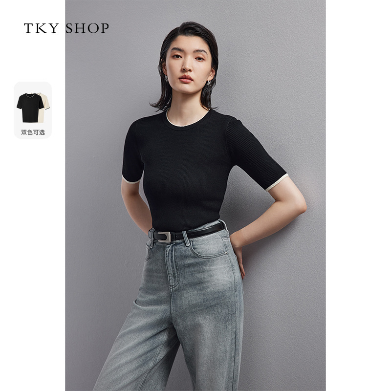 12433547.撞色短袖针织衫女2025春夏新款圆领上衣简约百搭气质修身