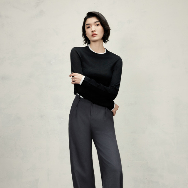 12433562.假两件撞色针织衫女春款圆领修身打底衫百搭
