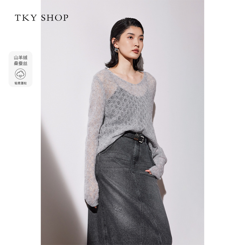 13164856.镂空长袖针织衫女春新款宽松微透山羊绒优雅气质薄上衣